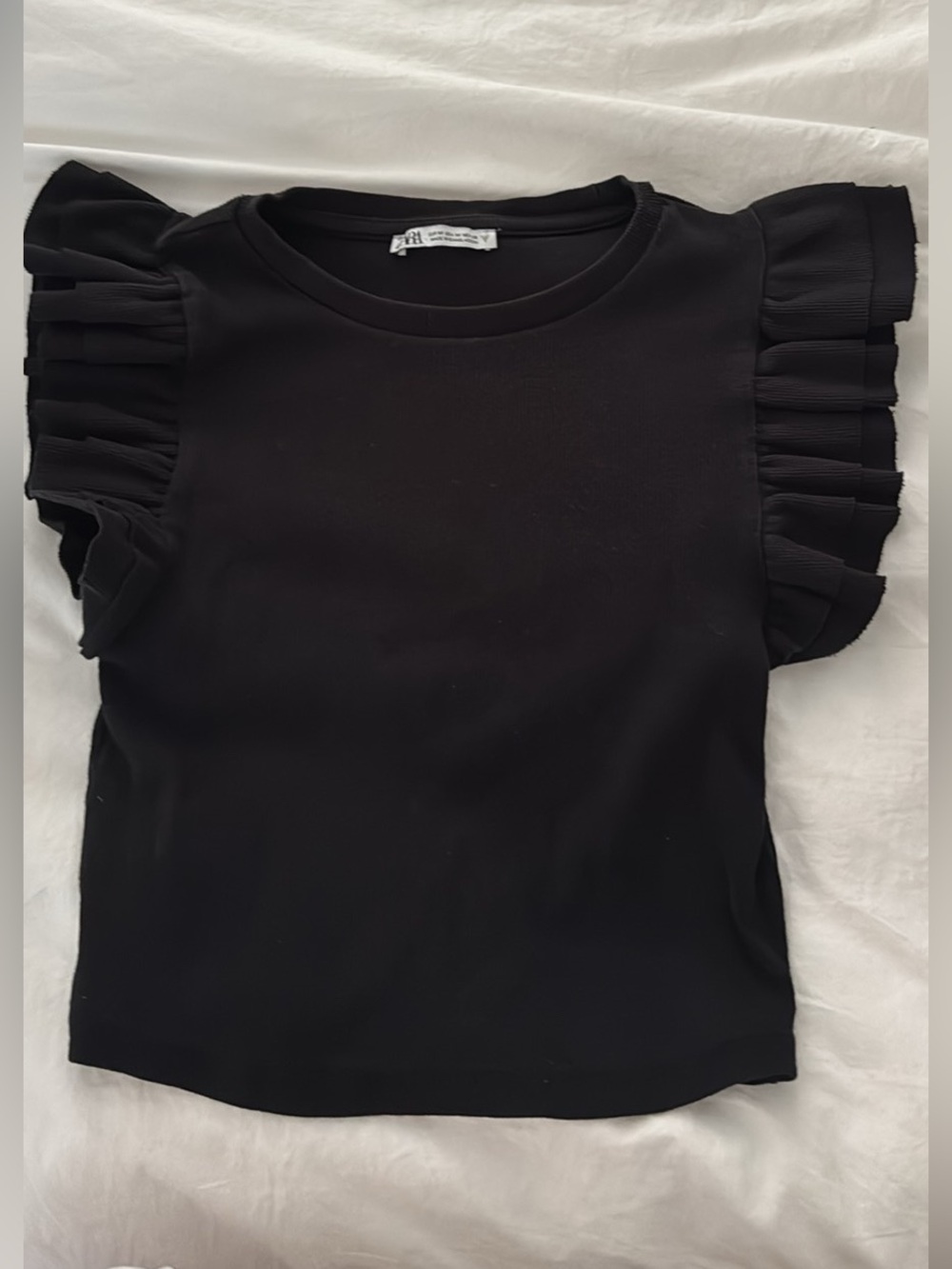 Zara Black Short Sleeve Ruffle Shoulder Top
